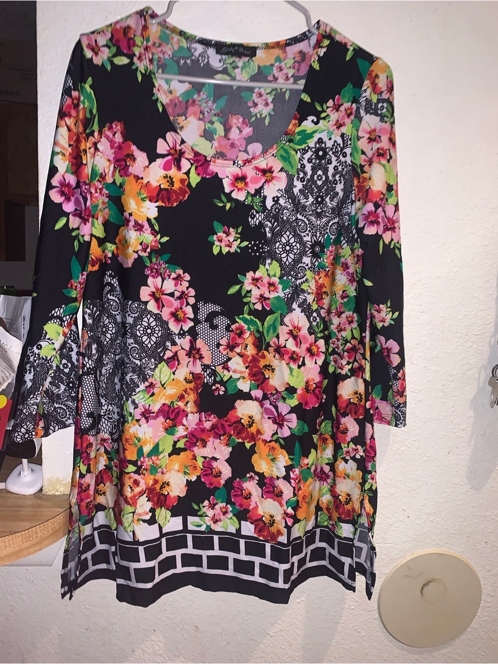 Slinky Brand Black Floral Scoop Neck Blouse